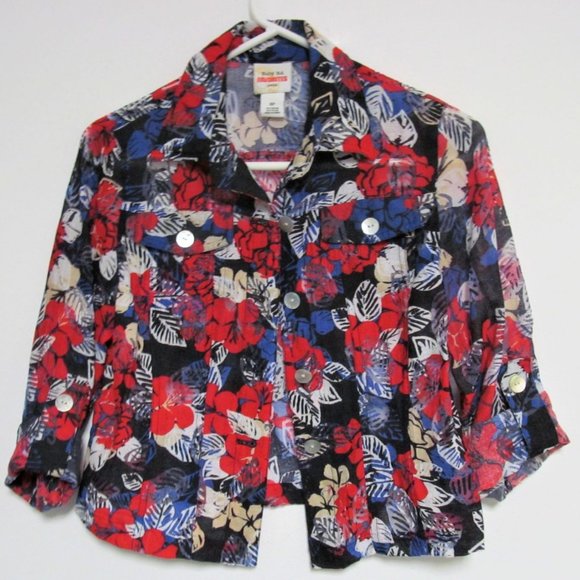 Ruby Rd Favorites Red White Blue Floral Sheer Blouse - Picture 4 of 9